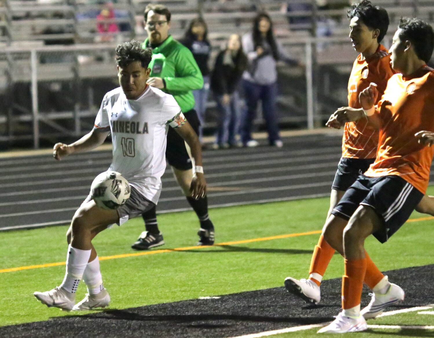 Jonathan Ledesma moments before he cuts between the defenders to set-up his first goal of the game. He tallied both of Mineola’s goals in a win at Grand Saline last Tuesday.